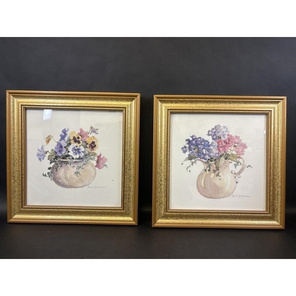 VTG Rosalind Oesterle Watercolor Flowers Floral Bouquet Garden Painting 2pc Set